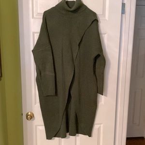 Olive green tunic length turtleneck sweater